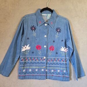 Nectar Floral Embroidered Denim Jacket Women Small Cottagecore Boho Y2K Art